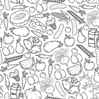 Vektör deseni. Sağlıklı ekolojik organik gıda. Sebze, meyve, süt, süt. Doğrusal grafik.