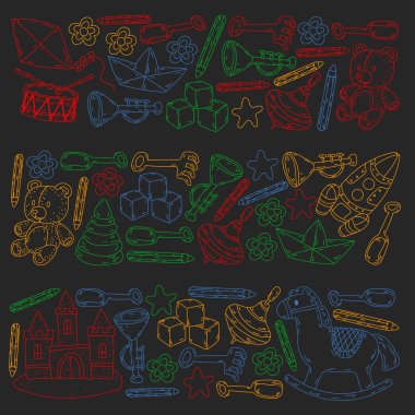 Küçük kızlar ve oğlanlar için ikonlar. El çizimi çocuk çizimi kalıpları. Anaokulu oyuncakları geçmişi. Vektör illüstrasyonu.