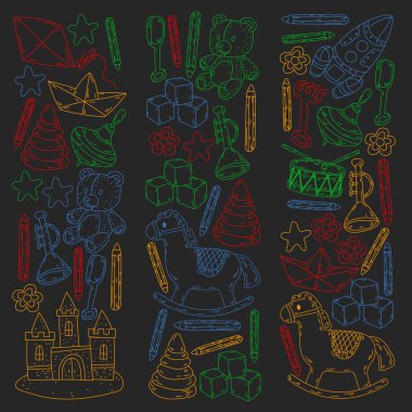 Küçük kızlar ve oğlanlar için ikonlar. El çizimi çocuk çizimi kalıpları. Anaokulu oyuncakları geçmişi. Vektör illüstrasyonu.