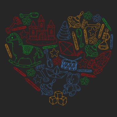 Küçük kızlar ve oğlanlar için ikonlar. El çizimi çocuk çizimi kalıpları. Anaokulu oyuncakları geçmişi. Vektör illüstrasyonu.