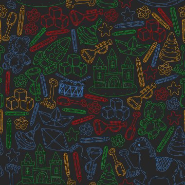 Küçük kızlar ve oğlanlar için ikonlar. El çizimi çocuk çizimi kalıpları. Anaokulu oyuncakları geçmişi. Vektör illüstrasyonu.