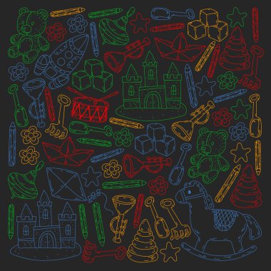 Küçük kızlar ve oğlanlar için ikonlar. El çizimi çocuk çizimi kalıpları. Anaokulu oyuncakları geçmişi. Vektör illüstrasyonu.