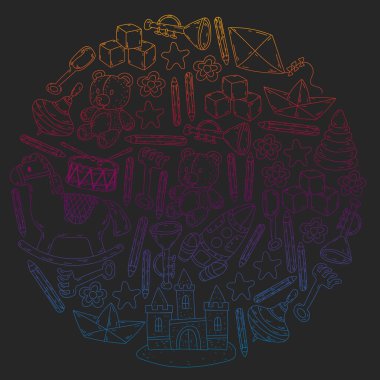 Küçük kızlar ve oğlanlar için ikonlar. El çizimi çocuk çizimi kalıpları. Anaokulu oyuncakları geçmişi. Vektör illüstrasyonu.