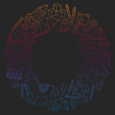 Küçük kızlar ve oğlanlar için ikonlar. El çizimi çocuk çizimi kalıpları. Anaokulu oyuncakları geçmişi. Vektör illüstrasyonu.