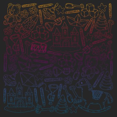 Küçük kızlar ve oğlanlar için ikonlar. El çizimi çocuk çizimi kalıpları. Anaokulu oyuncakları geçmişi. Vektör illüstrasyonu.