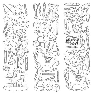 Küçük kızlar ve oğlanlar için ikonlar. El çizimi çocuk çizimi kalıpları. Anaokulu oyuncakları geçmişi. Vektör illüstrasyonu.