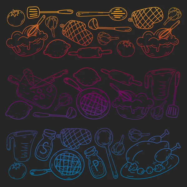 Mutfak gereçleri, sebzeler, yemekler, ürünler, mutfak gereçleri ile vektör eskizi. Karalama ögeleri.