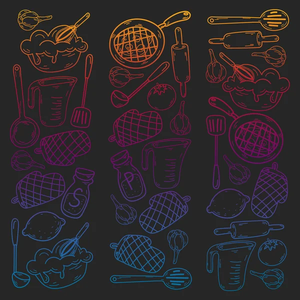 Векторний ескіз фону з кухонним посудом, овочами, кулінарією, продуктами, посудом. Елементи Doodle . — стоковий вектор