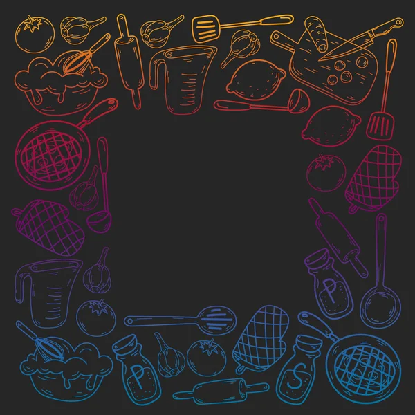 Mutfak gereçleri, sebzeler, yemekler, ürünler, mutfak gereçleri ile vektör eskizi. Karalama ögeleri.