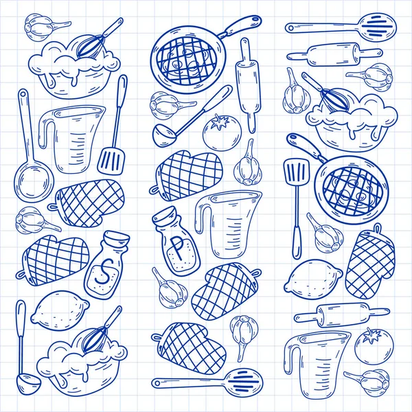 Vector esboço fundo com utensílios de cozinha, legumes, cozinhar, produtos, utensílios de cozinha. Elementos doodle. — Vetor de Stock