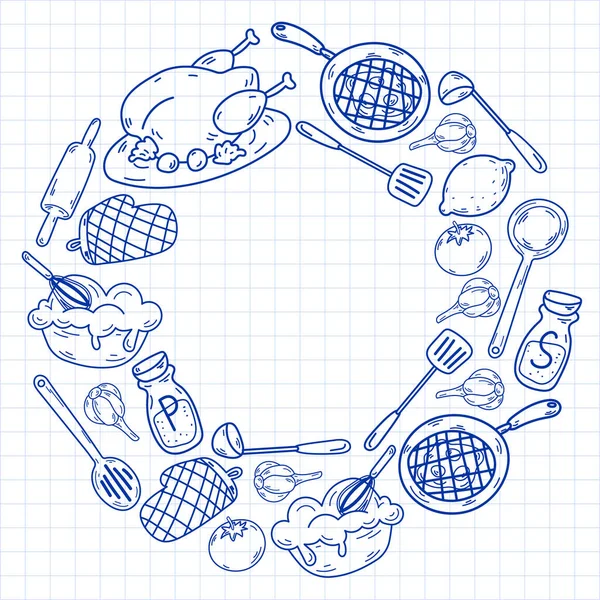 Mutfak gereçleri, sebzeler, yemekler, ürünler, mutfak gereçleri ile vektör eskizi. Karalama ögeleri.