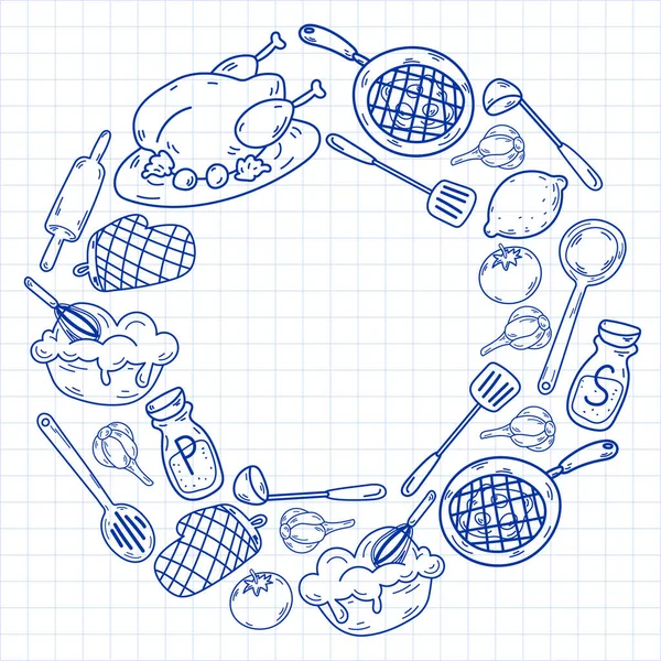 Croquis vectoriel fond avec ustensiles de cuisine, légumes, cuisine, produits, ustensiles de cuisine. Éléments de caniche. — Image vectorielle