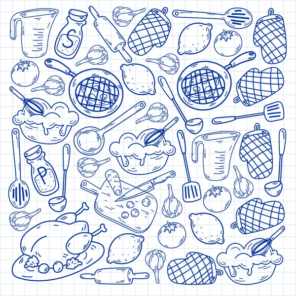 Boceto vectorial fondo con utensilios de cocina, verduras, cocina, productos, utensilios de cocina. Elementos de fideos. — Vector de stock