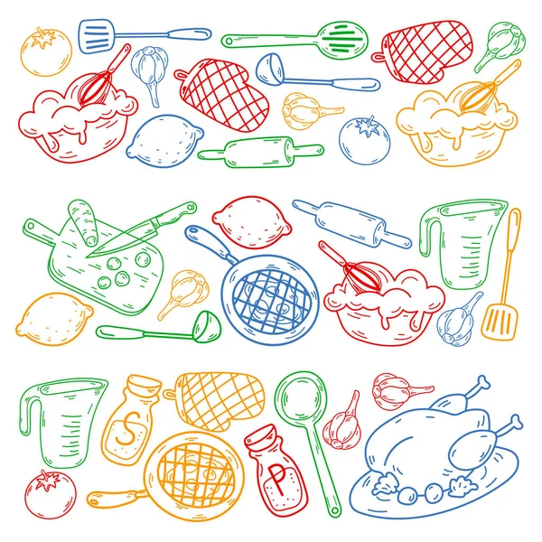 Векторний ескіз фону з кухонним посудом, овочами, кулінарією, продуктами, посудом. Елементи Doodle . — стоковий вектор