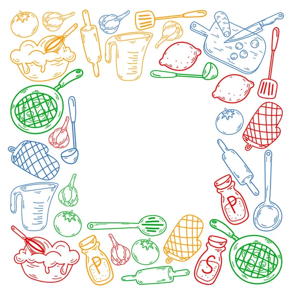 Vector esboço fundo com utensílios de cozinha, legumes, cozinhar, produtos, utensílios de cozinha. Elementos doodle. — Vetor de Stock