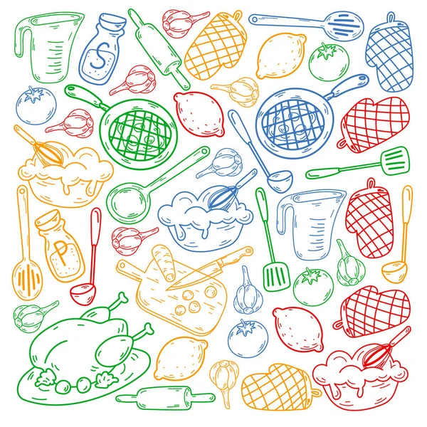 Boceto vectorial fondo con utensilios de cocina, verduras, cocina, productos, utensilios de cocina. Elementos de fideos. — Vector de stock