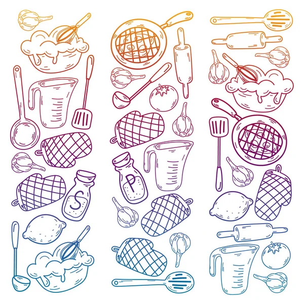Mutfak gereçleri, sebzeler, yemekler, ürünler, mutfak gereçleri ile vektör eskizi. Karalama ögeleri.