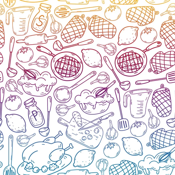 Mutfak gereçleri, sebzeler, yemekler, ürünler, mutfak gereçleri ile vektör eskizi. Karalama ögeleri.