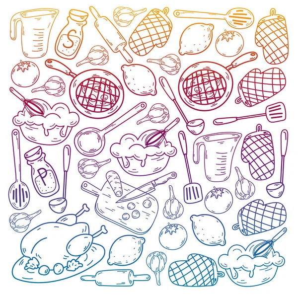 Croquis vectoriel fond avec ustensiles de cuisine, légumes, cuisine, produits, ustensiles de cuisine. Éléments de caniche. — Image vectorielle