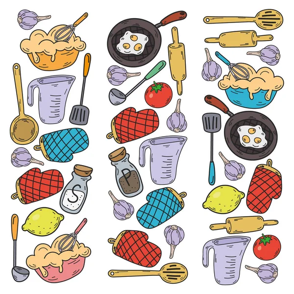 Vector sketch background with kitchen utensils, vegetables, cooking, products, kitchenware. Doodle elements. — Stock Vector