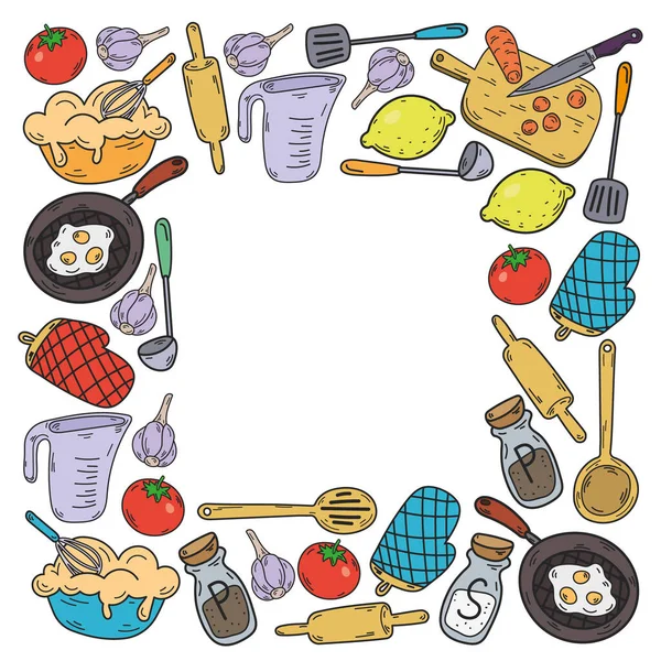 Vector esboço fundo com utensílios de cozinha, legumes, cozinhar, produtos, utensílios de cozinha. Elementos doodle. — Vetor de Stock