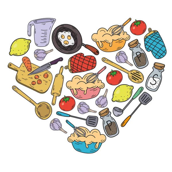 Boceto vectorial fondo con utensilios de cocina, verduras, cocina, productos, utensilios de cocina. Elementos de fideos. — Vector de stock