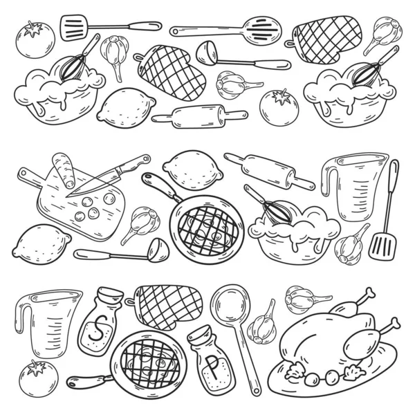 Vector sketch background with kitchen utensils, vegetables, cooking, products, kitchenware. Doodle elements. — Stock Vector