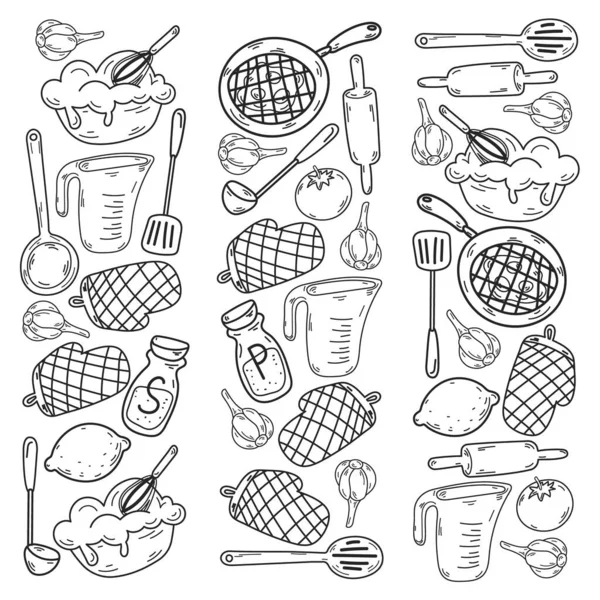 Boceto vectorial fondo con utensilios de cocina, verduras, cocina, productos, utensilios de cocina. Elementos de fideos. — Vector de stock