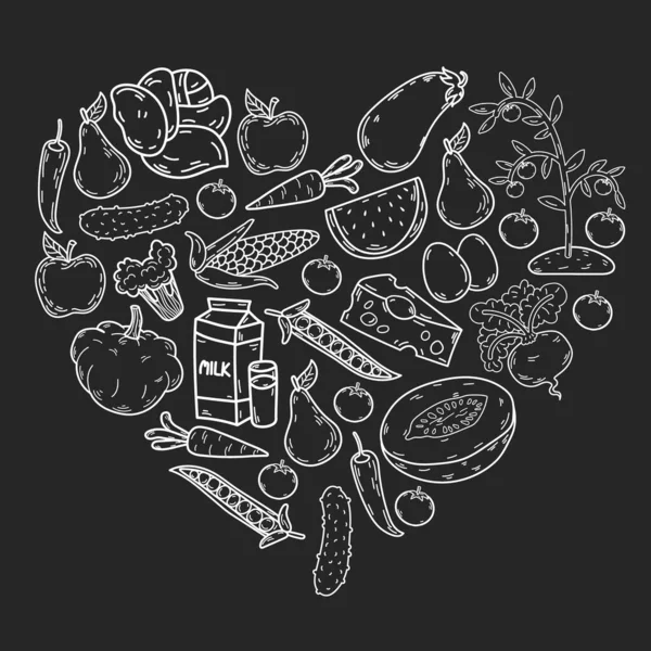 Vektör deseni. Sağlıklı ekolojik organik gıda. Sebze, meyve, süt, süt. Doğrusal grafik.