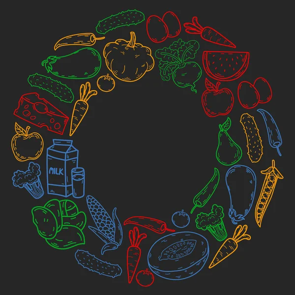 Patrón vectorial. Alimento ecológico saludable. Verduras, frutas, lácteos, leche. Gráfico lineal. — Archivo Imágenes Vectoriales