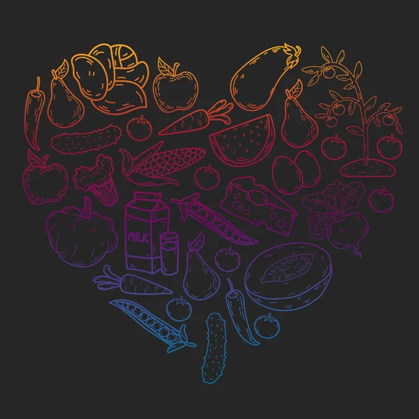 Vektör deseni. Sağlıklı ekolojik organik gıda. Sebze, meyve, süt, süt. Doğrusal grafik.