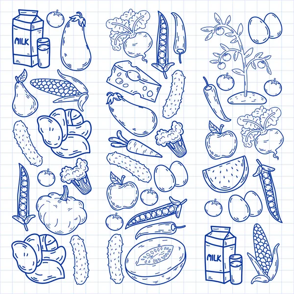 Vector pattern. Healthy eco organic food. Vegetables, fruits, dairy, milk. Linear graphic. — Stock Vector