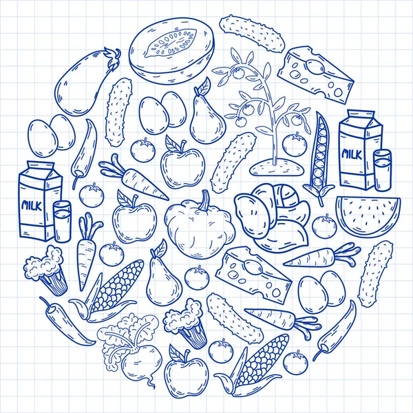 Modèle vectoriel. Aliments écologiques sains. Légumes, fruits, produits laitiers, lait. Graphique linéaire. — Image vectorielle