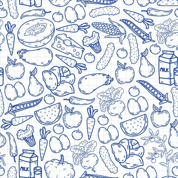 Vektör deseni. Sağlıklı ekolojik organik gıda. Sebze, meyve, süt, süt. Doğrusal grafik.