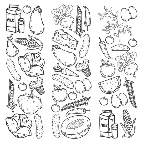 Padrão vetorial. Comida ecológica saudável. Legumes, frutas, laticínios, leite. Gráfico linear. — Vetor de Stock