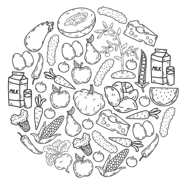 Vektormönster. Hälsosam ekologisk mat. Grönsaker, frukt, mejeriprodukter, mjölk. Linjär grafik. — Stock vektor