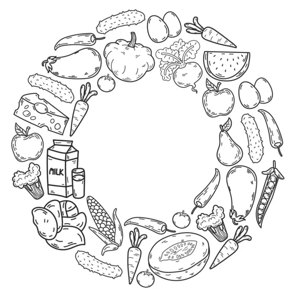 Patrón vectorial. Alimento ecológico saludable. Verduras, frutas, lácteos, leche. Gráfico lineal. — Archivo Imágenes Vectoriales