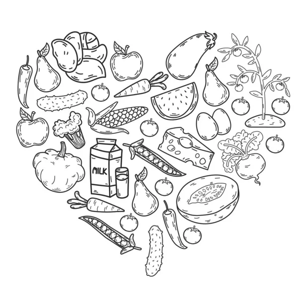 Vektör deseni. Sağlıklı ekolojik organik gıda. Sebze, meyve, süt, süt. Doğrusal grafik.