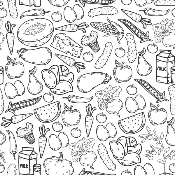 Vektör deseni. Sağlıklı ekolojik organik gıda. Sebze, meyve, süt, süt. Doğrusal grafik.