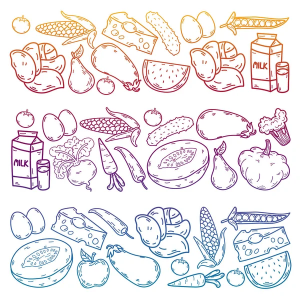 Patrón vectorial. Alimento ecológico saludable. Verduras, frutas, lácteos, leche. Gráfico lineal. — Vector de stock