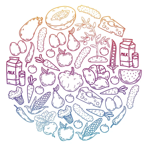 Διανυσματικό μοτίβο. Υγιή οικολογικά βιολογικά τρόφιμα. Λαχανικά, φρούτα, γαλακτοκομικά, γάλα. Γραμμικό γράφημα. — Διανυσματικό Αρχείο