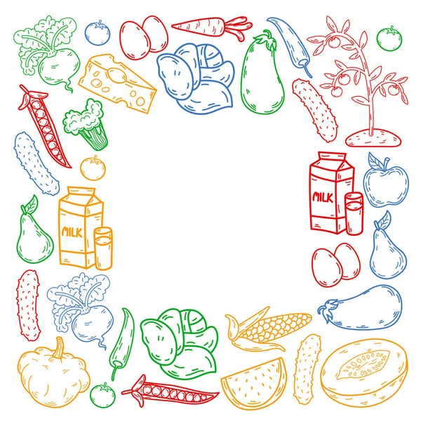 Vector pattern. Healthy eco organic food. Vegetables, fruits, dairy, milk. Linear graphic. — Stock Vector