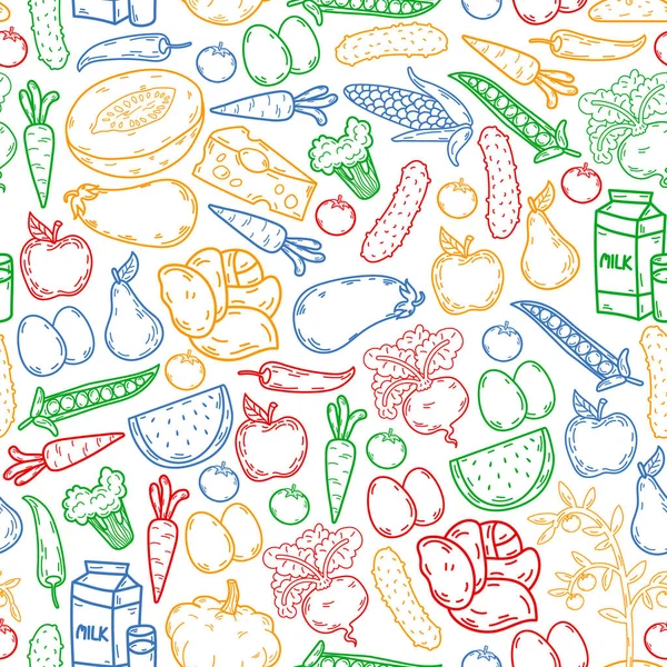 Vectorpatroon. Gezond eco biologisch voedsel. Groenten, fruit, zuivel, melk. Lineair grafiek. — Stockvector