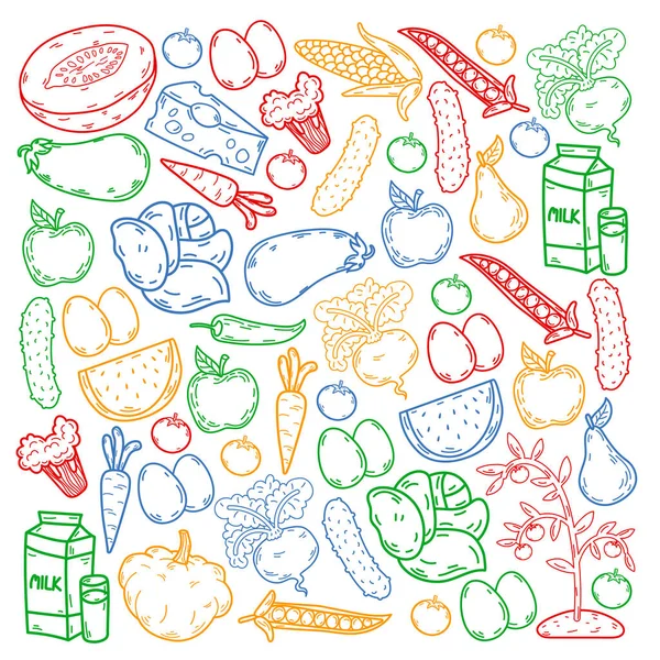 Vector pattern. Healthy eco organic food. Vegetables, fruits, dairy, milk. Linear graphic. — Stock Vector