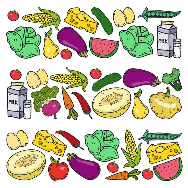Patrón vectorial. Alimento ecológico saludable. Verduras, frutas, lácteos, leche. Gráfico lineal. — Vector de stock
