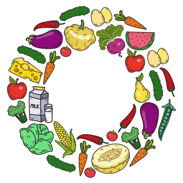 Padrão vetorial. Comida ecológica saudável. Legumes, frutas, laticínios, leite. Gráfico linear. — Vetor de Stock