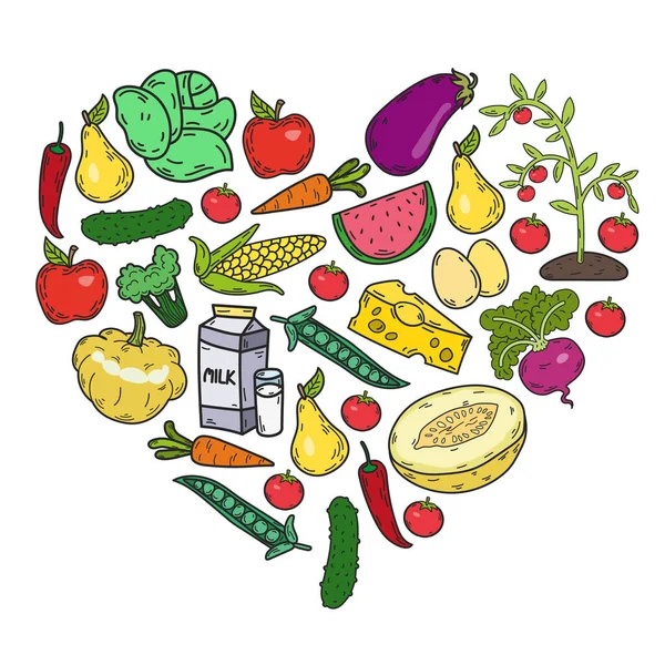 Schema vettoriale. Cibo biologico ecologico sano. Verdure, frutta, latticini, latte. Grafico lineare. — Vettoriale Stock