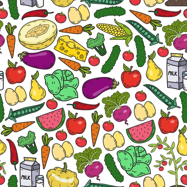 Modèle vectoriel. Aliments écologiques sains. Légumes, fruits, produits laitiers, lait. Graphique linéaire. — Image vectorielle