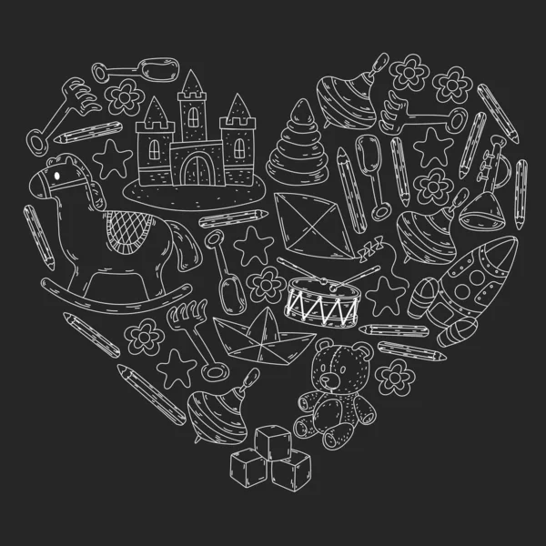 Küçük kızlar ve oğlanlar için ikonlar. El çizimi çocuk çizimi kalıpları. Anaokulu oyuncakları geçmişi. Vektör illüstrasyonu.