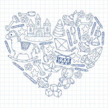 Küçük kızlar ve oğlanlar için ikonlar. El çizimi çocuk çizimi kalıpları. Anaokulu oyuncakları geçmişi. Vektör illüstrasyonu.